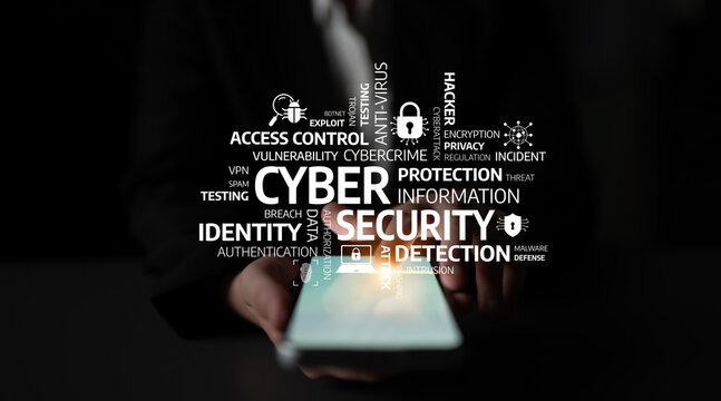 A businessman holds a tablet showcasing key concepts of cyber security including protection, detection, and privacy threats, emphasizing online safety in a digital era. Tessel