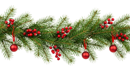 Christmas Branches Border with Christmas Decorations on Transparent Background
