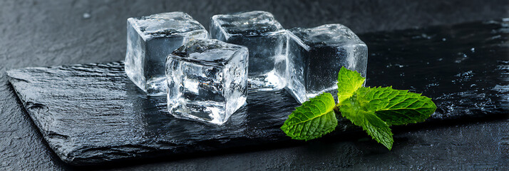 Crystal clear ice cubes and fresh green mint leaves on a black slate surface representing refreshment and cool summer drinks.