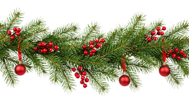 Christmas Branches Border with Christmas Decorations on Transparent Background