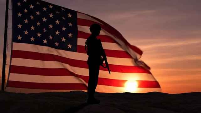 American soldier stands honorably with US flag. Sunset creates dramatic atmosphere, symbolizing freedom and patriotism. Powerful imagery reflects respect and bravery.
