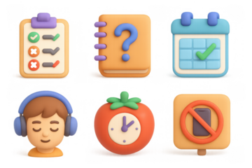Cartoon study icons set featuring schedule planner and study tools for educational design