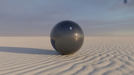Mysterious dark egg object rests on rippled sand dunes