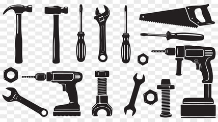 Set of black silhouette construction tools for repair work icons