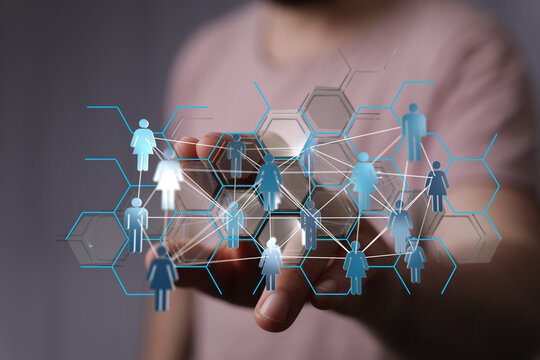 Abstract concept of interconnected people, social networking, digital communication. Business and technology co