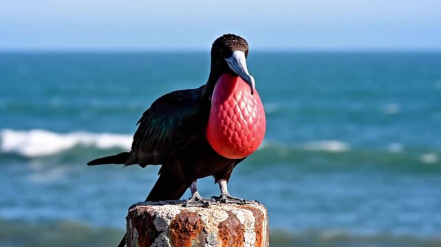 Close-up of a frigatebird holding a red burger on a weathered post by the ocean with a shallow depth of field.