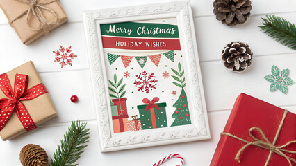 Merry Christmas and Happy Holidays greeting card, frame, banner. New Year. Red green Christmas decoration and gifts, presents on white background top view. Xmas holiday festive theme.