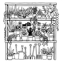 Simple black-line illustration of wooden shelves packed tightly with a variety of lush houseplants of different shapes and sizes, including tall and slender plants, rounded succulents, and trailing vi