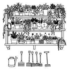 Simple black-line illustration of wooden shelves packed tightly with a variety of lush houseplants of different shapes and sizes, including tall and slender plants, rounded succulents, and trailing vi