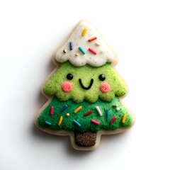 Obraz premium A cheerful Christmas tree cookie with colorful sprinkles and a cute smiling face sits on a white surface ready to be enjoyed for the holidays.