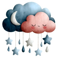 A charming watercolor illustration features whical blue and pink clouds with a crescent moon and hanging stars and raindrops for baby decor.