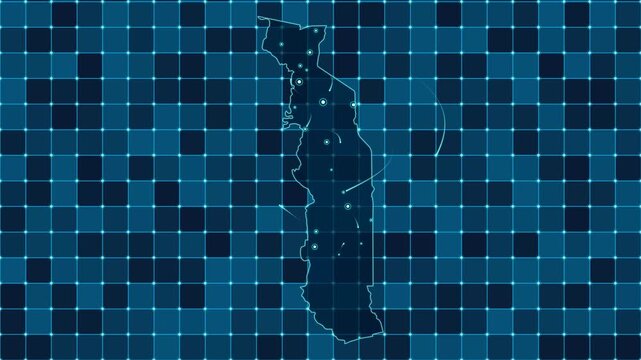 Digital grid map animation of Togo, Technology, Communication, Transportation