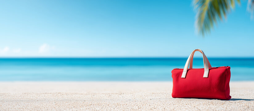 Red beach bag rests on the sand with a beautiful blue ocean backdrop under a clear sky banner.
