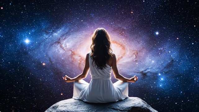 Meditation in cosmic space. Woman sits on rock and connects with universe. Spiritual journey evokes deep serenity and tranquility. Cosmic atmosphere inspires mindfulness.