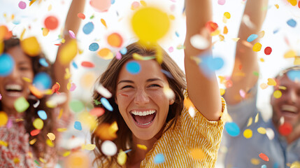Joyful woman smiling and celebrating with colorful confetti during a party, surrounded by friends.