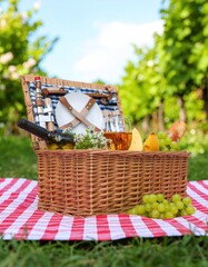 Beautiful Outdoor Picnic Basket with Wine, Cheese, and Grapes on Grass
