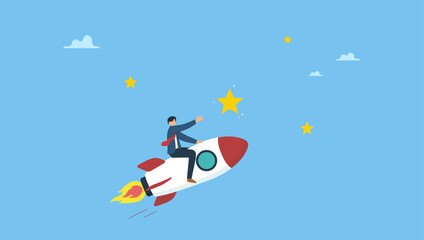 Businessman riding fast rocket to reach success star. Success achievement, boost growth development to reach target, leadership to win business challenge, startup, entrepreneur or ambition to win.
