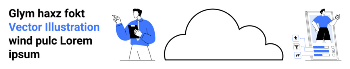 Cloud computing, business analysis, digital transformation, data management, remote access, technology insights. A cloud icon with a businessman and a smartphone interface. Cloud computing