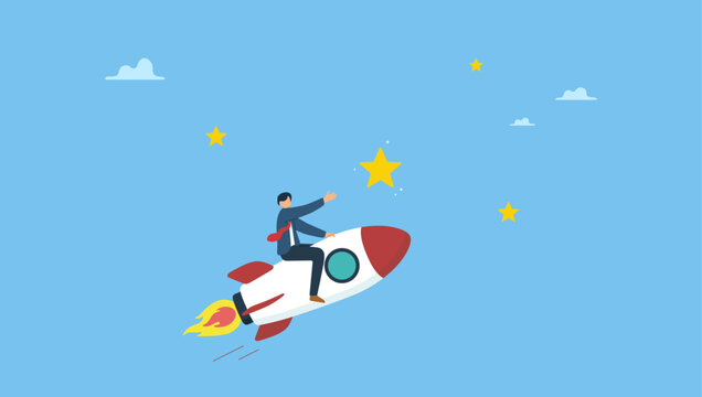 Businessman riding fast rocket to reach success star. Success achievement, boost growth development to reach target, leadership to win business challenge, startup, entrepreneur or ambition to win.