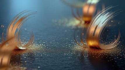 Golden strands and shimmering particles create an elegant, luxurious ambience on a dark textured background