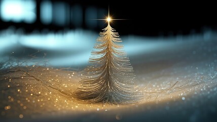 Gold stylized Christmas tree stands against a frosted winter backdrop, shining brightly with holiday spirit