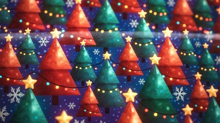 Red and teal Christmas trees twinkle with lights, adorned with star toppers
