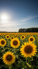 Fototapeta premium Bright sunflower field under clear blue sky.