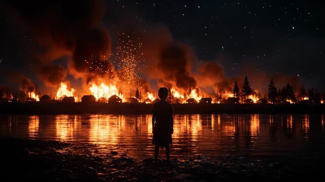 Child stands by river, watches village burning at night. Fire illuminates dark sky, creating dramatic atmosphere. Moment captures fear and awe.