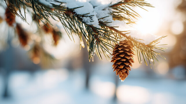 Close up of a pine cone hanging on a tree branch, covered with snow, with soft sunlight filtering through the background.