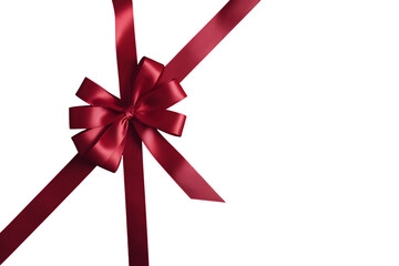 A Luxurious Red Ribbon Bow Elegantly Composed in the Corner of a Blank White Background for Decorative Use