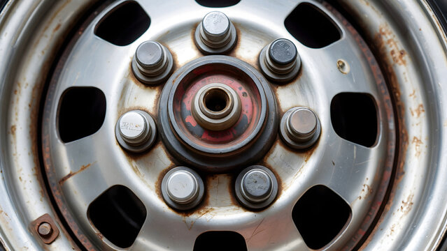 Fototapeta Vintage car wheel with rusty details evokes memories of classic cars and automotive history enthusiasts