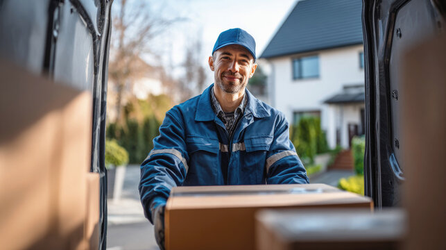 Smiling delivery man in uniform handing over package from van to home doorstep, representing modern logistics, shipping and customer service. - Powered by Adobe