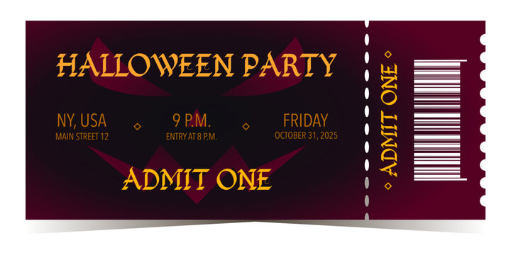 Halloween party ticket template with smiling scary face and event details. Vector illustration