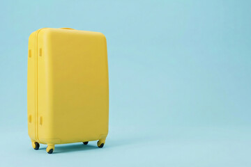 Minimalist yellow travel suitcase standing isolated on pastel blue background