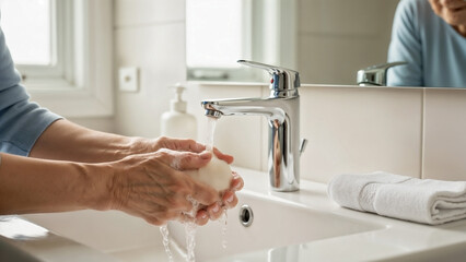 Hands Washing Soap in a Modern Bathroom for Health Awareness, Hygiene Practices, Personal Care Blogs, and Wellness Education