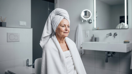 Elderly Woman with Towel Wrapped on Head in Modern Bathroom for Wellness Blogs, Beauty Websites, Self-Care Articles, and Health Awareness Campaigns