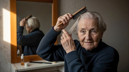 Elderly Woman Combing Hair in Front of Mirror with Natural Light for Lifestyle Blogs, Senior Care Websites, Health Awareness, and Social Media Content