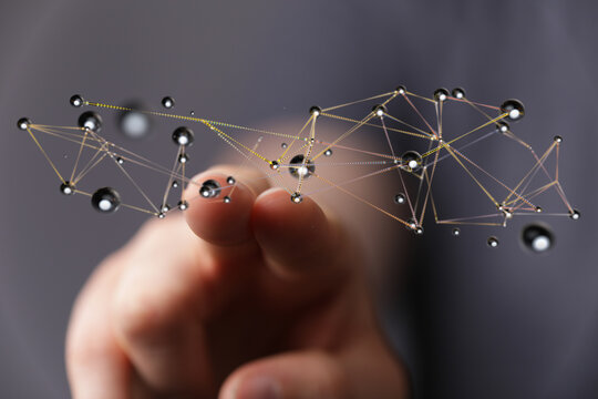 Abstract network of connections, hand interacting, technology concept. Showing global network, communication an