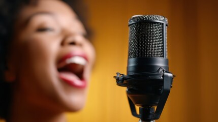 A vocal artist passionately sings into a microphone, capturing the energy and emotion of live performance against a vibrant background, showcasing the joy of music and expression.