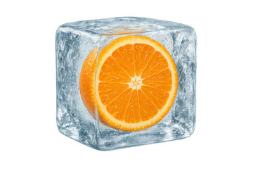 Fresh orange slices frozen inside a clear ice cube, preserving citrus freshness and natural coldness