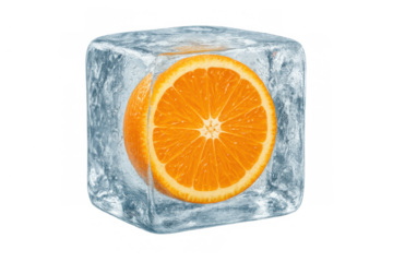 Fresh orange slices frozen inside a clear ice cube, preserving citrus freshness and natural coldness