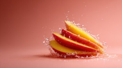 Juicy red apple slices creating a splash in water, capturing the refreshing essence of fruit and the excitement of a dynamic moment in food photography.