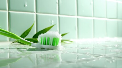 A close-up view of a green toothbrush with bubbles resting on a shiny tile surface, evoking cleanliness and freshness in a soothing mint color scheme.