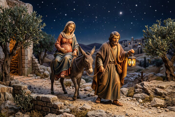 Nativity scene with Mary and Joseph traveling to Bethlehem. A pregnant Mary rides a donkey as Joseph leads with a lantern under a starry night sky.