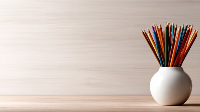 A delightful array of colorful pencils gathered in a sleek white vase, creating a vibrant display that brightens up any workspace while symbolizing creativity and artistic expression.