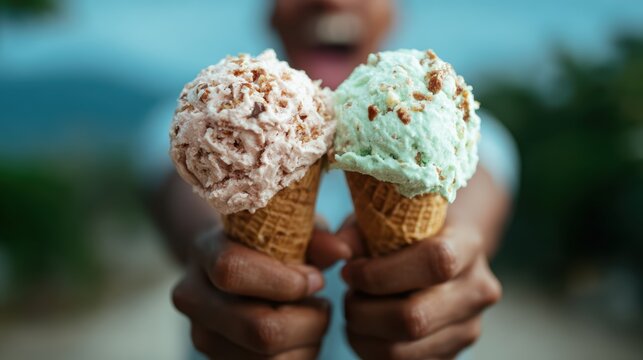 Indulge in a delightful moment with two ice cream cones, one pink and one green, held joyfully against a vibrant outdoor backdrop, evoking feelings of happiness.
