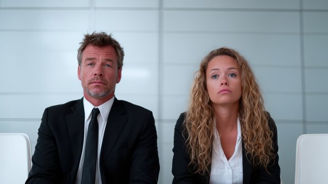 A pair of business professionals, dressed in formal attire, exhibit serious expressions as they wait in an office setting, representing challenges in the workplace. - Powered by Adobe