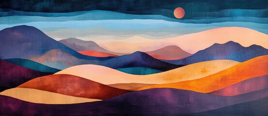 Vibrant abstract landscape under a colorful sunset