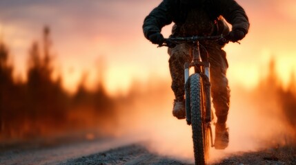 A mountain biker in motion conquers a dusty trail during a breathtaking sunset, encapsulating the thrill of adventure, freedom, and the beauty of nature in a vibrant scene.
