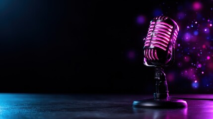 A beautiful vintage microphone with a distinctive design stands against a dark backdrop, capturing the essence of music and performance, celebrating artistic expression.